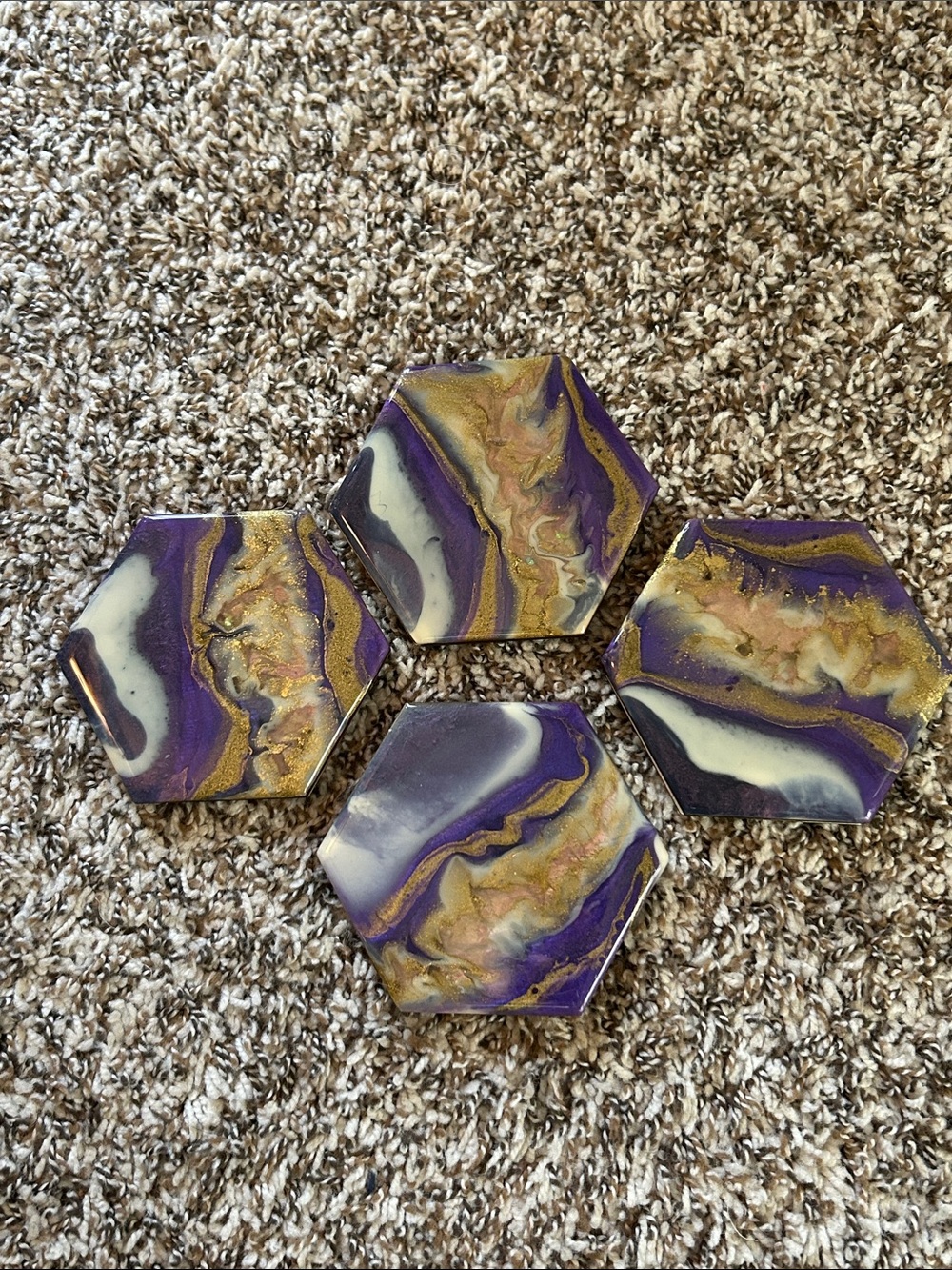 Handmade Hexagon Resin Coasters in Purple, Gold & White Swirl